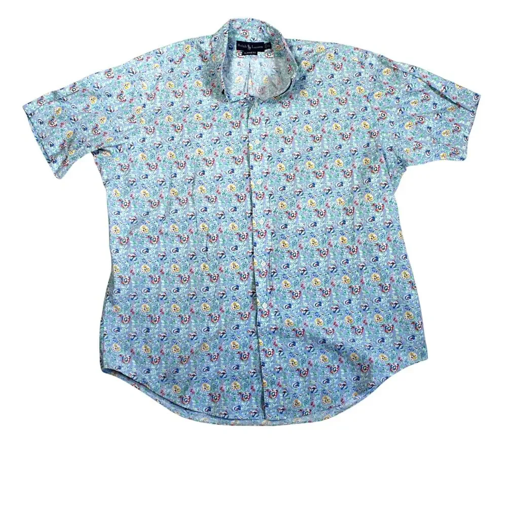 Polo Ralph Lauren Hawaiian Shirt Mens XL Blue Floral Button Up Vacation Preppy
